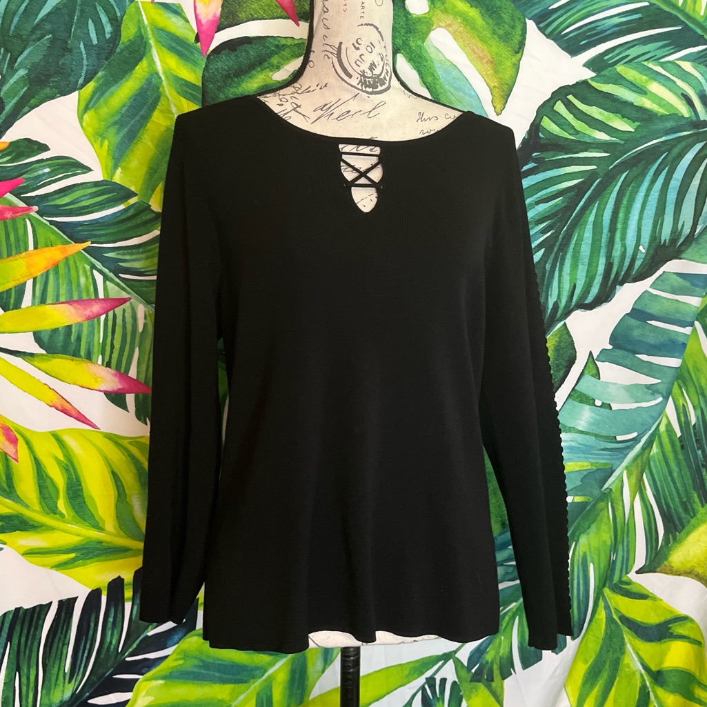 Sigrid Olsen L Black Fall Winter Preppy Classic Braided Accent Sleeve Sweater